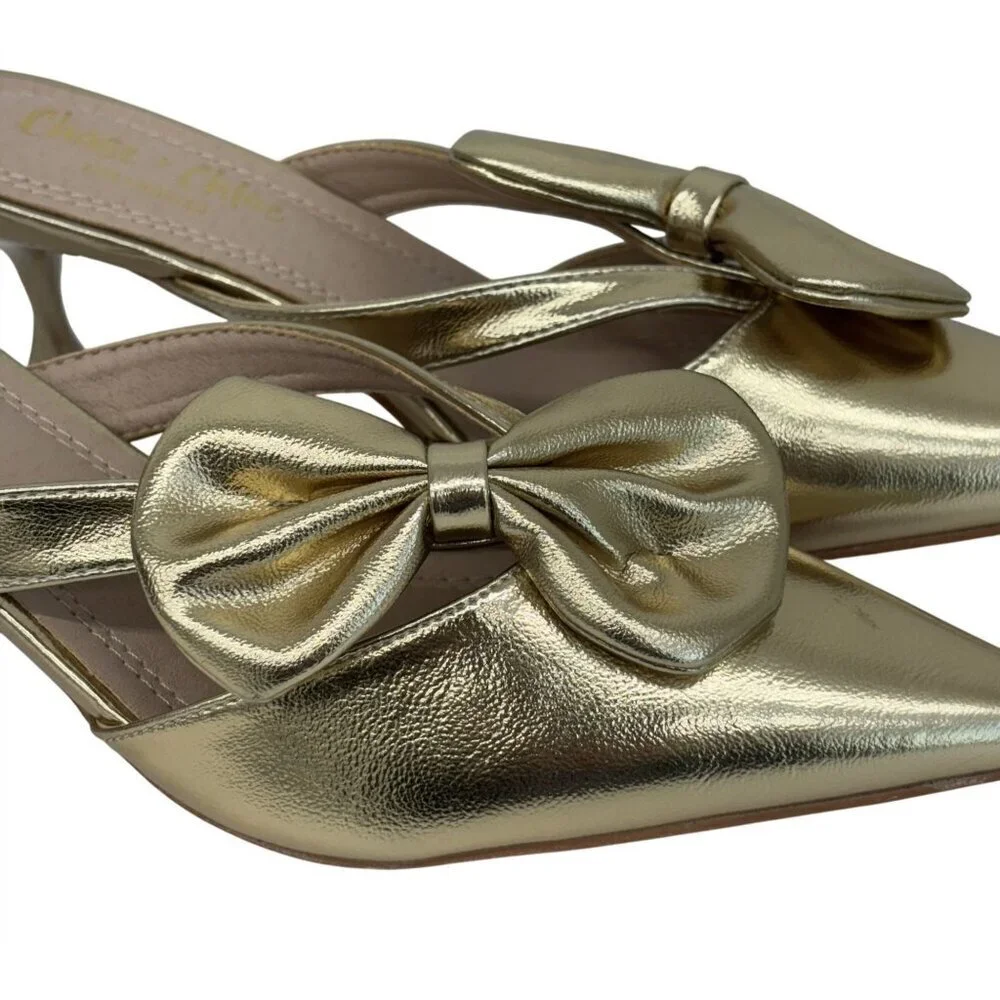 CHASE + CHLOE / Idra-3 / Gold / Pointed-Toe / Kitten Heel / Mules With Bow Accen